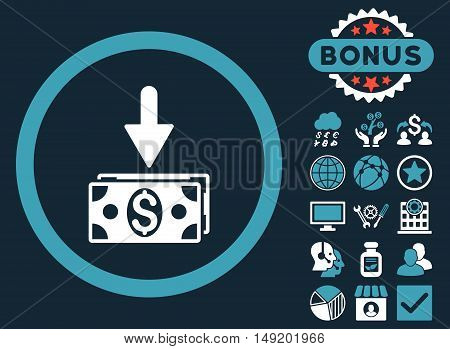 Get Dollar Banknotes icon with bonus symbols. Vector illustration style is flat iconic bicolor symbols blue and white colors dark blue background.