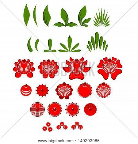 Gorodets Painting Set Of Elements Flowers And Leaves. Russian National Folk Craft. Traditional Cultu