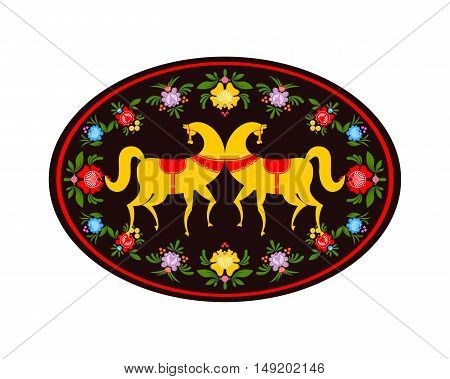 Gorodets Painting Yellow Horse And Floral Elements. Russian National Folk Craft. Traditional Decorat