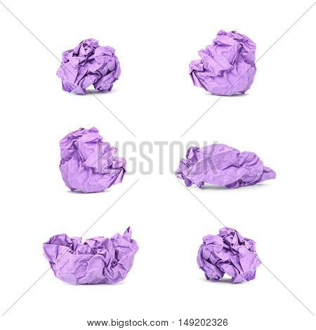 Closeup group of purple crumpled paper isolated on white background