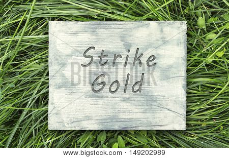 Vintage hipster motivational phrase note Strike Gold sign
