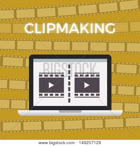 Concept of Movie making work moment. yellow background with film footage.video flat design