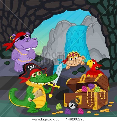 pirates found treasure in a cave - vector illustration, eps