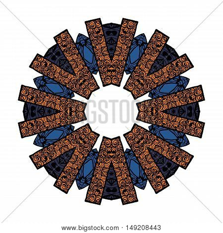 Mandala pattern in shades of blue, orange, white. letter V around circle.boho style