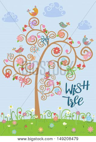 Detailed illustrations of birds in a flat style on a blue background on wish tree decorated with ribbons, flowers and hearts. Cute birds vector.