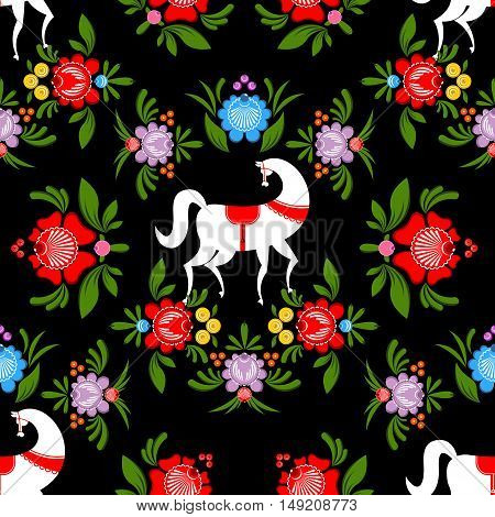 Gorodets Painting Black Horse And Floral Seamless Pattern. Russian National Folk Craft Ornament. Tra