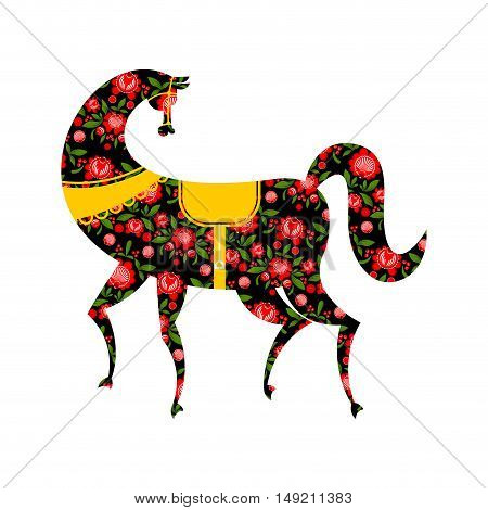 Gorodets Painting Black Horse And Floral Elements. Russian National Folk Craft. Traditional Decorati