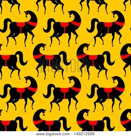 Black Horse Gorodets Painting Seamless Pattern. Russian National Folk Craft Texture. Elements Of Tra