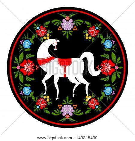 Gorodets Painting White Horse And Floral Elements. Russian National Folk Craft. Traditional Decorati