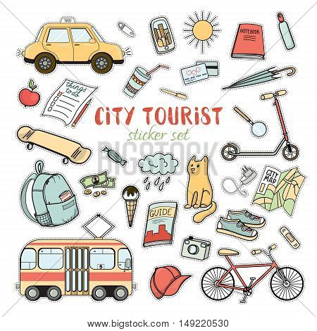City life colorful sticker set of hand drawn doodles, vector illustration isolated on white background. Urban tourist necessities, city transport, tourist atributes