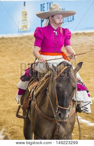 GUADALAJARA MEXICO - SEP 01 : Charra participates at the 23rd International Mariachi & Charros festival in Guadalajara Mexico on September 01 2016.