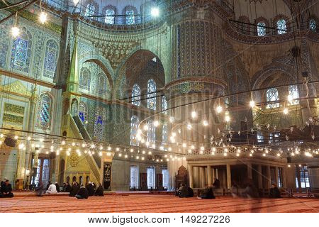 ISTANBUL, TURKEY - DECEMBER 11, 2015: Interior view of Sultan Ahmed Mosque or Blue Mosque. The mosque was built in 1609-1616 during the rule of sultan Ahmed I.