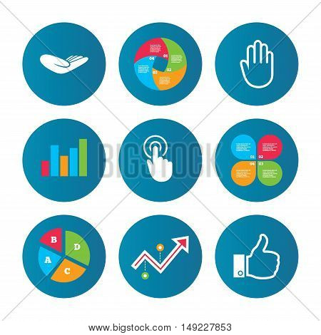 Business pie chart. Growth curve. Presentation buttons. Hand icons. Like thumb up symbol. Click here press sign. Helping donation hand. Data analysis. Vector