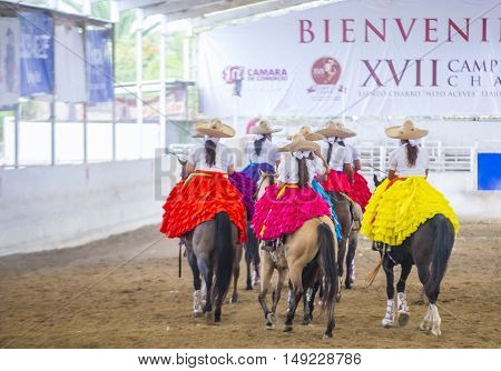 GUADALAJARA MEXICO - SEP 01 : Charras participate at the 23rd International Mariachi & Charros festival in Guadalajara Mexico on September 01 2016.
