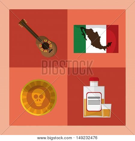 guitarron flag skull and tequila mexican culture related icons image vector illustration