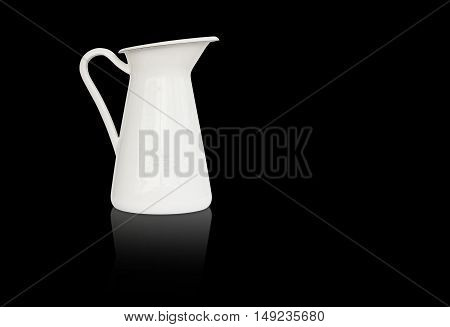 white milk jug and reflection shadow on left side and black background isolated included clipping path on jug body only