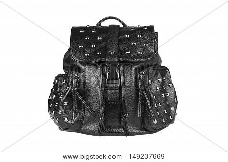 luxury leather black bag with clip lock diamond studs and dual small bag zipper for women on white isolated included clipping path