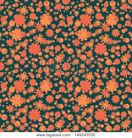 Seamless pattern with orange red ditsy flowers dots on dark green background. Floral background. Vector illustration.