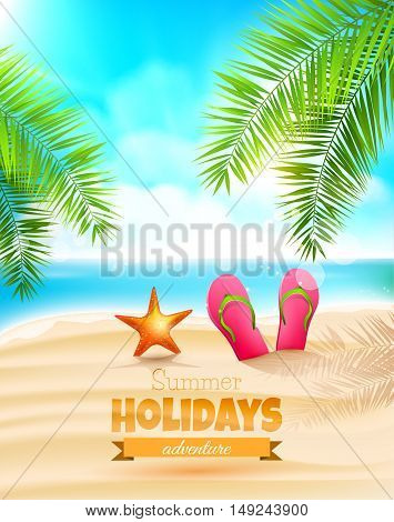 Flip-flops and seastar on the beach - Summer holidays background