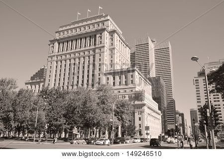 MONTREAL QUEBEC CANADA 09 17 2016: Sunlife building in Montreal canada.The Sun Life Building is an historic office building at 1155 Metcalfe Street. Place ville Marie in background.