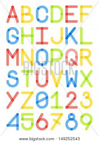 english font typeface capital letters and numbers modern style sans serif colorful red yellow blue green vector illustration