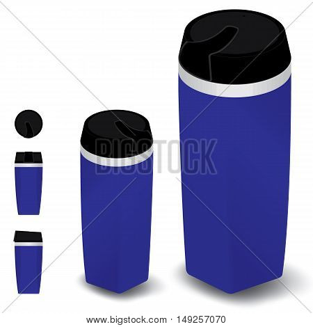 Thermos bottle set on white background. Blue Thermos bottle set.