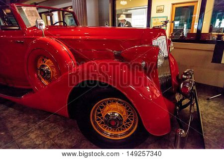 El Segundo, CA, USA - September 26, 2016: Red 1936 Packard Roadster Car displayed at the Automobile Driving Museum in El Segundo, California, United States. Editorial use only.
