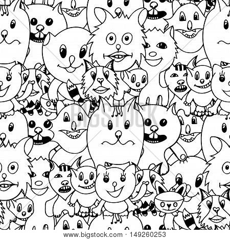 Cute cats Monochrome seamless pattern background. Vector illustration of funny cat. Hand drawn art sketch cat.