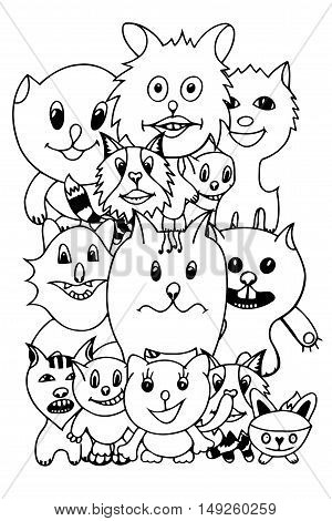 Set of cute cat cartoon. Vector illustration of funny Monochrome cat. Hand drawn art sketch cat.
