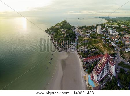 aerial bay beach blue boat bridge coast coastal destination gulf harbor horizon jetty land landscape mountain nature ocean outdoor pier port prachaup prachaupkhirikan sand sea ship sky southern thai thailand top travel view water