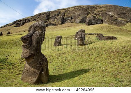 Moai statues at Rano Raraku stone quarry on Easter Island in Chile