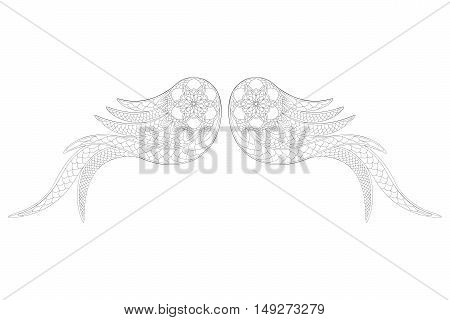 Ornamental angel wings. Zentangle style. Coloring book or tattoo.Vector illustration.