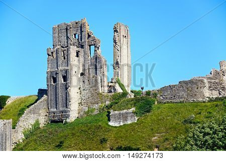 View of Corfe castle on the hilltop Corfe Dorset England UK Western Europe.