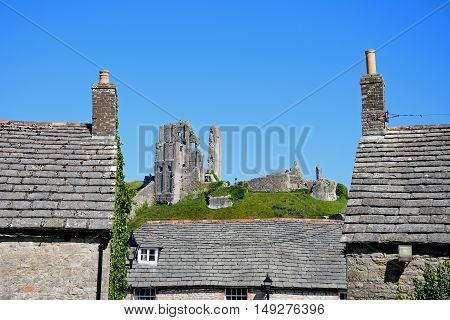 View of Corfe castle on the hilltop Corfe Dorset England UK Western Europe.