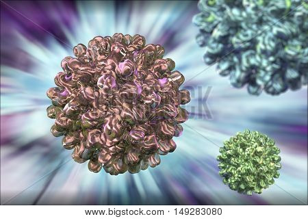 Hepatitis B virus on colorful background 3d illustration. A model is built using data of viral macromolecular structure furnished by Protein Data Bank PDB 4G93