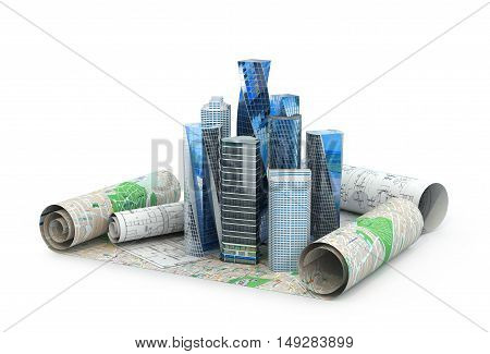 concept of building cities for business publications. the city is located in the drawings. 3d illustration