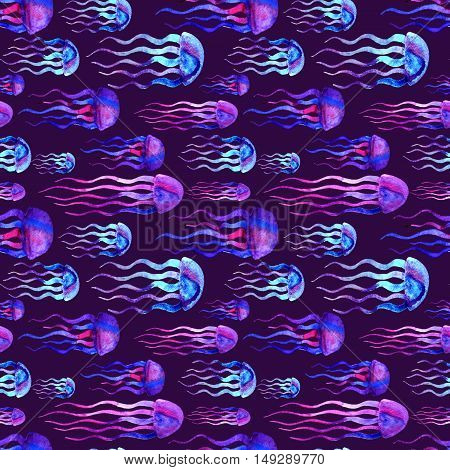 Hand drawn jellyfish. Watercolor pattern. Colorful endless Violet and blue