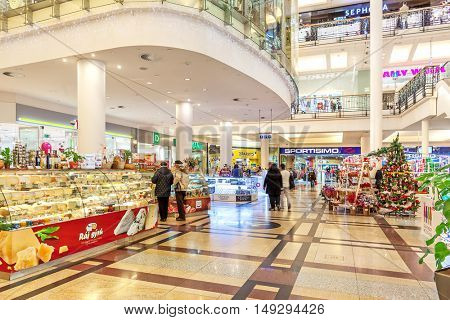 PRAGUE, CZECH REPUBLIC - DECEMBER 10, 2015: Palladium mall decorated for Christmas holidays - one of the most popular shopping destination in Prague, has 5 floors, 184 shops and 23 restaurants.