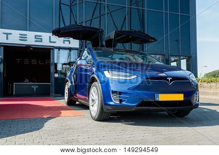 TILGURG, NETHERLANDS - SEPTEMBER 25, 2016: TESLA MODEL X. Tesla Motors Assembly Plant in Tilburg, Netherlands.