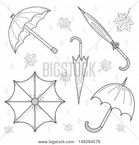 Set of Hand Drawn autumn umbrellas leaves and drops. Vector illustration.