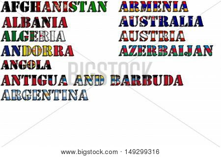 Country names in colors of national flags - full kit. Letter A.