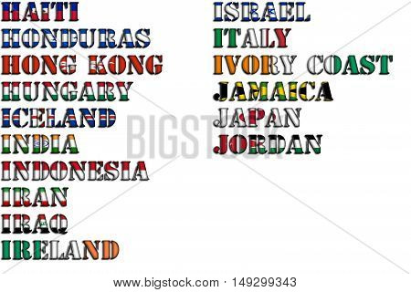 Country names in colors of national flags - full kit. Letters H, I, J.