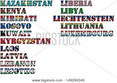 Country names in colors of national flags - full kit. Letters K, L.