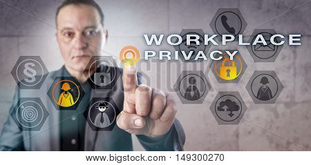 Experienced employer is monitoring WORKPLACE PRIVACY onscreen. Business concept for surveillance of employee email phone and internet interactions and legal requirements of personal data protection.