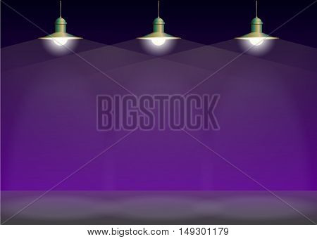 Ancient three bronze lamp hanging on the wire. Big and empty space illuminated on the purple wall. Vector illustration of lighting.