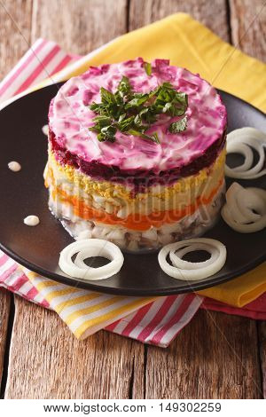 Russian Food: Shuba - Herring Salad With Vegetables Close-up. Vertical