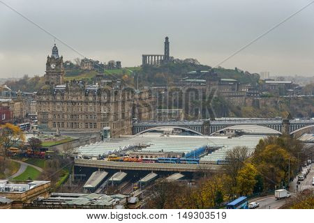 EDINBURGH, SCOTLAND - CIRCA NOVEMBER 2012: View on Edinburgh Waverley railway station from the castle esplanade.