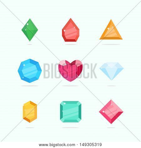 Cartoon vector gems and diamonds set in a flat style in different colors. Diamond stones isolated on a colored background. Vector illustration.