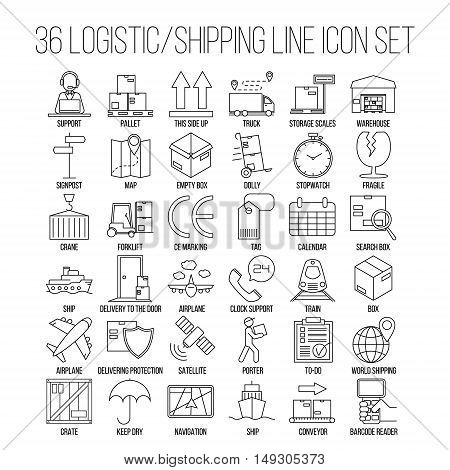 Logistic icons. Warehouse and shipping equipment. Storage scales, dolly, tag, forklift, crane and other things. Line art vector illustration.