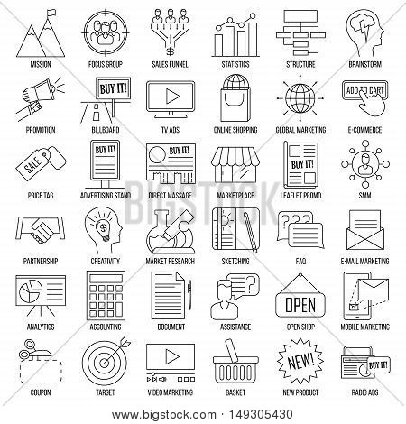 Marketing icons. Advertising and media signs. Marketplace, direct massage, coupon, billboard, statistics and other things. Line art vector illustration.